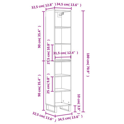 vidaXL Buffet haut Blanc brillant 34,5x32,5x180 cm Bois d'ingénierie