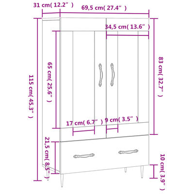 vidaXL Buffet haut chêne fumé 69,5x31x115 cm bois d'ingénierie