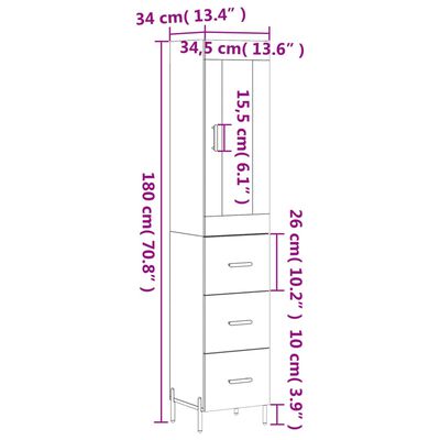 vidaXL Buffet haut Gris béton 34,5x34x180 cm Bois d'ingénierie