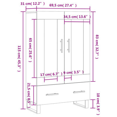 vidaXL Buffet haut gris béton 69,5x31x115 cm bois d'ingénierie