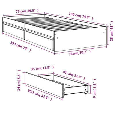 vidaXL Cadre de lit avec tiroirs noir 75x190 cm bois d'ingénierie