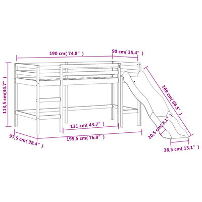 vidaXL Lit mezzanine enfants toboggan 90x190 cm bois pin massif