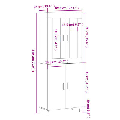 vidaXL Buffet haut Noir 69,5x34x180 cm Bois d'ingénierie