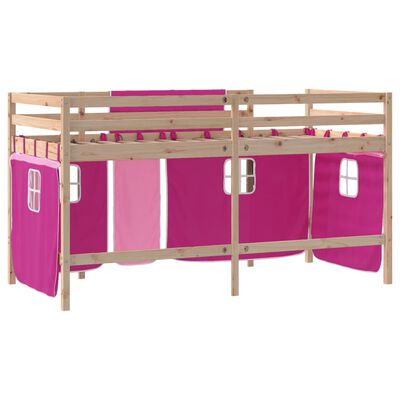 vidaXL Lit mezzanine enfants et rideaux rose 90x200cm bois pin massif