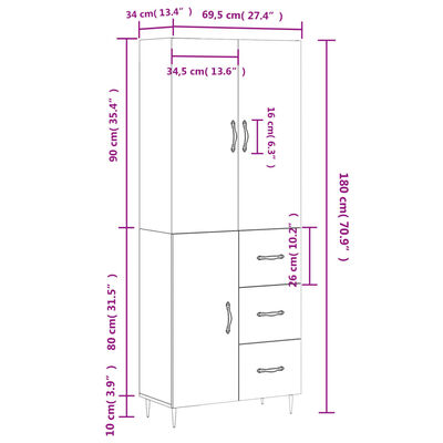 vidaXL Buffet haut Chêne marron 69,5x34x180 cm Bois d'ingénierie