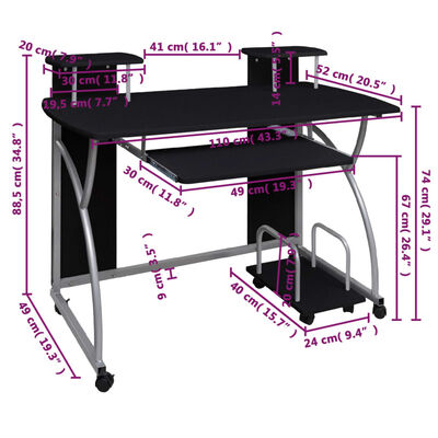 vidaXL Bureau d'ordinateur Noir 110x52x88,5 cm Bois d’ingénierie