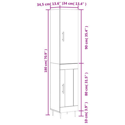 vidaXL Buffet haut Gris béton 34,5x34x180 cm Bois d'ingénierie