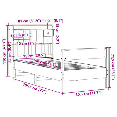 vidaXL Lit bibliothèque sans matelas cire marron 75x190 cm pin massif