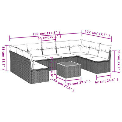 vidaXL Salon de jardin avec coussins 10 pcs gris résine tressée