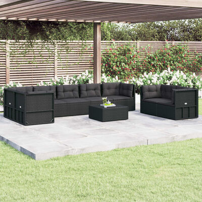 vidaXL Salon de jardin 8 pcs avec coussins noir résine tressée