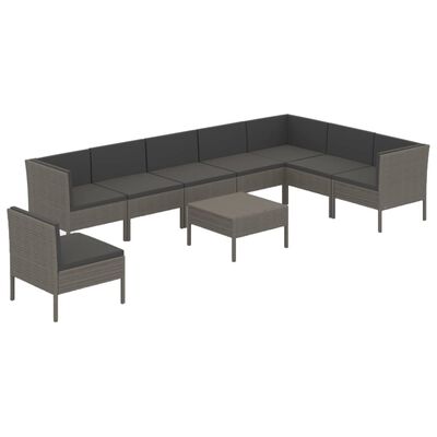 vidaXL Salon de jardin 9 pcs avec coussins Résine tressée Gris