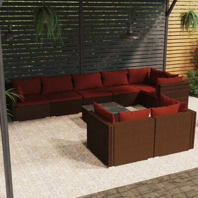 vidaXL Salon de jardin avec coussins 9 pcs marron résine tressée