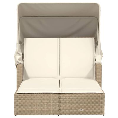 vidaXL Chaise longue double avec auvent et coussins beige poly rotin