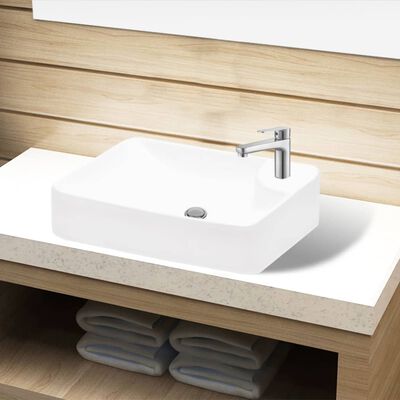 vidaXL Lavabo à trou pour robinet céramique Blanc pour salle de bain