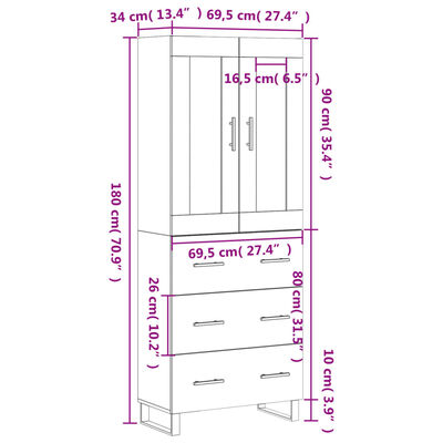 vidaXL Buffet haut Gris béton 69,5x34x180 cm Bois d'ingénierie