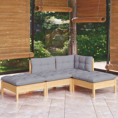 vidaXL Salon de jardin 4 pcs avec coussins gris bois de pin massif