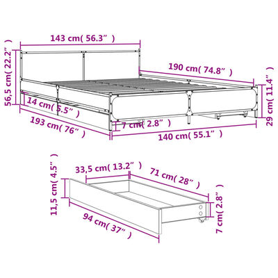 vidaXL Cadre de lit avec tiroirs sans matelas chêne marron 140x190 cm