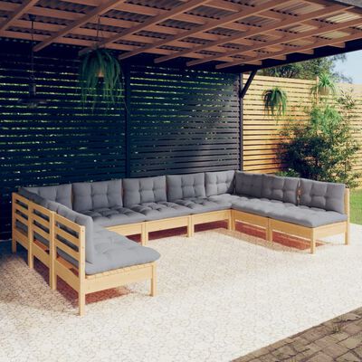 vidaXL Salon de jardin 9 pcs avec coussins gris bois de pin massif