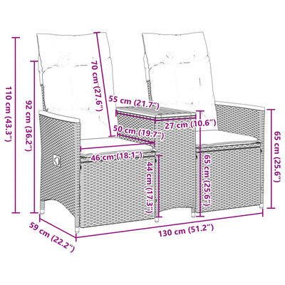 vidaXL Canapé de jardin inclinable 2 places avec table gris poly rotin