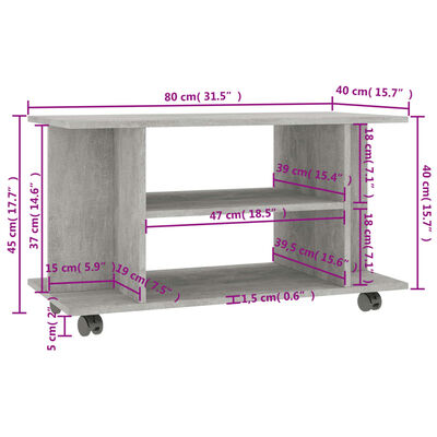 vidaXL Meuble TV et roulettes gris béton 80x40x45 cm bois d'ingénierie