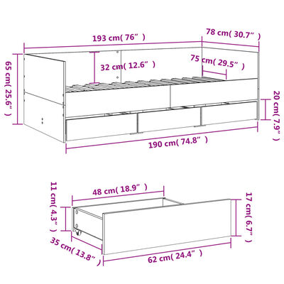 vidaXL Lit de jour avec tiroirs sans matelas chêne marron 75x190 cm