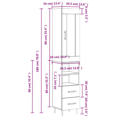 vidaXL Buffet haut Sonoma gris 34,5x34x180 cm Bois d'ingénierie