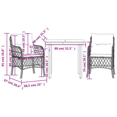 vidaXL Ensemble de bistro 3 pcs avec coussins noir résine tressée