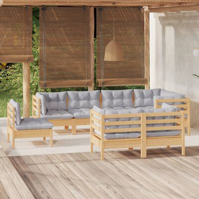 vidaXL Salon de jardin 8 pcs avec coussins gris Bois de pin massif