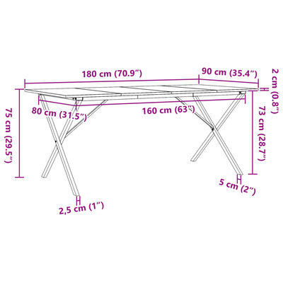 vidaXL Table à manger cadre en X 180x90x75 cm bois de pin massif fonte