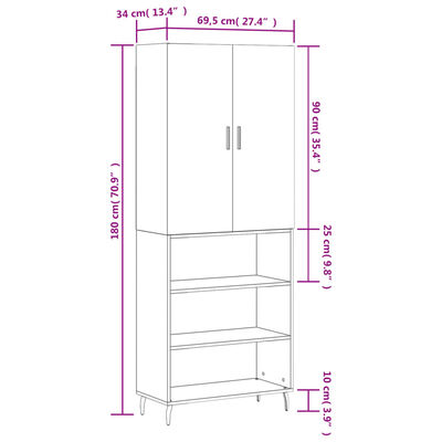 vidaXL Buffet haut Chêne marron 69,5x34x180 cm Bois d'ingénierie