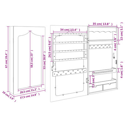 vidaXL Armoire à bijoux avec miroir murale blanc 37,5x10x67 cm