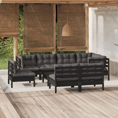 vidaXL Salon de jardin 9 pcs avec coussins Noir Bois de pin massif