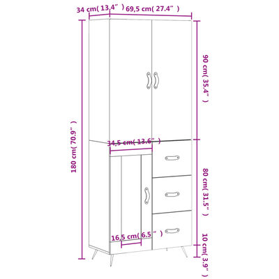 vidaXL Buffet haut Gris béton 69,5x34x180 cm Bois d'ingénierie