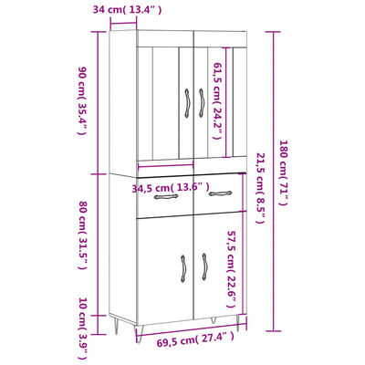 vidaXL Buffet haut Blanc 69,5x34x180 cm Bois d'ingénierie