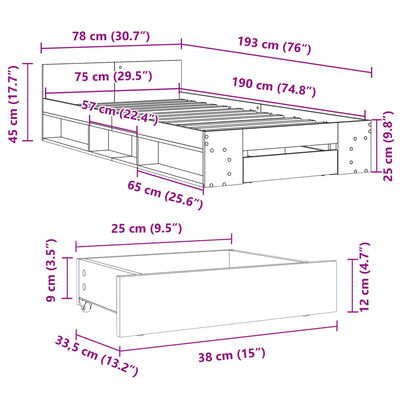 vidaXL Cadre de lit et tiroir chêne marron 75x190 cm bois d'ingénierie