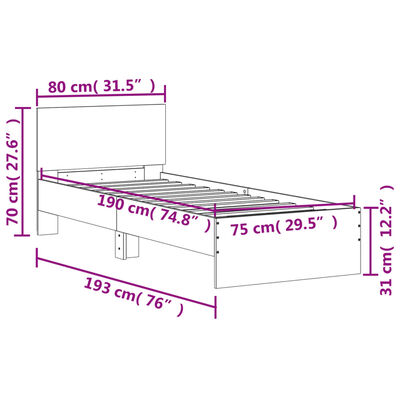 vidaXL Cadre de lit tête de lit et lumières LED sonoma gris 75x190 cm