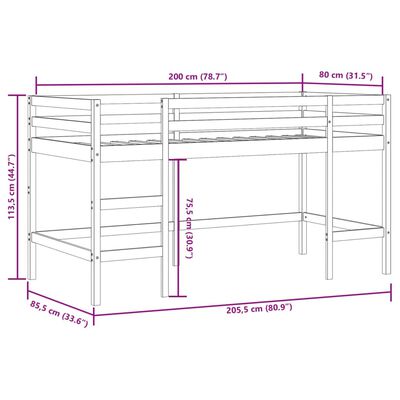 vidaXL Lit mezzanine enfants et rideaux blanc/noir 80x200cm pin massif