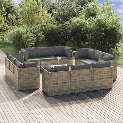 vidaXL Salon de jardin 13 pcs avec coussins Gris Résine tressée