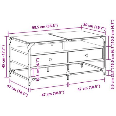 vidaXL Table basse avec dessus en verre chêne fumé 98,5x50x45 cm acier