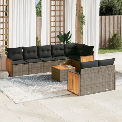 vidaXL Salon de jardin 9 pcs avec coussins gris résine tressée