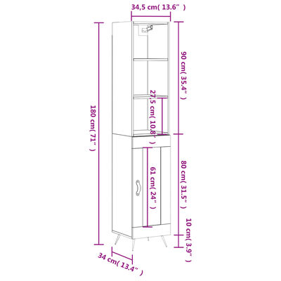 vidaXL Buffet haut Blanc 34,5x34x180 cm Bois d'ingénierie