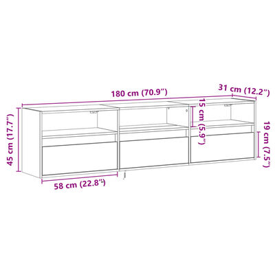 vidaXL Meuble TV mural avec LED sonoma gris 180x31x45 cm