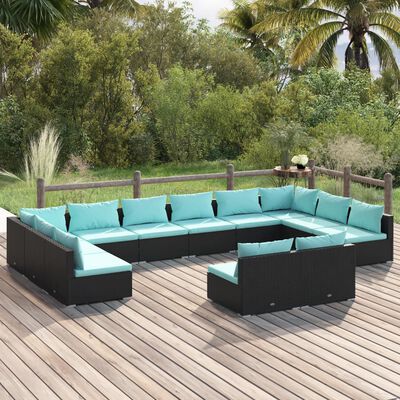 vidaXL Salon de jardin 12 pcs avec coussins Noir Résine tressée