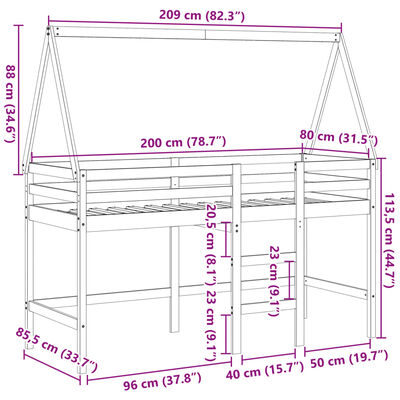 vidaXL Lit superposé et échelle et toit blanc 80x200cm bois pin massif