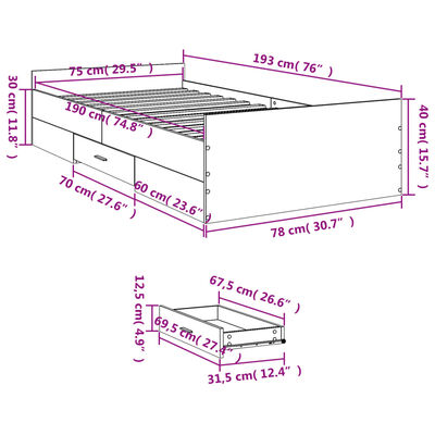 vidaXL Cadre de lit et tiroirs chêne sonoma 75x190cm bois d'ingénierie