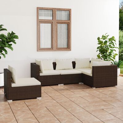 vidaXL Salon de jardin 5 pcs avec coussins Résine tressée Marron