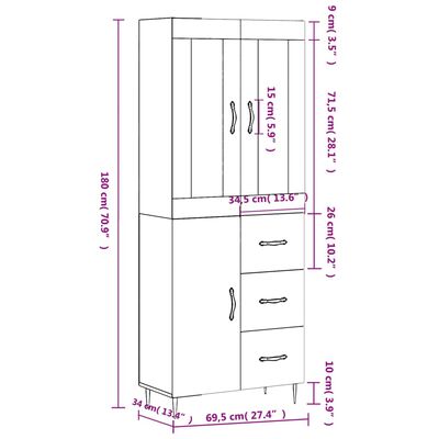 vidaXL Buffet haut Sonoma gris 69,5x34x180 cm Bois d'ingénierie