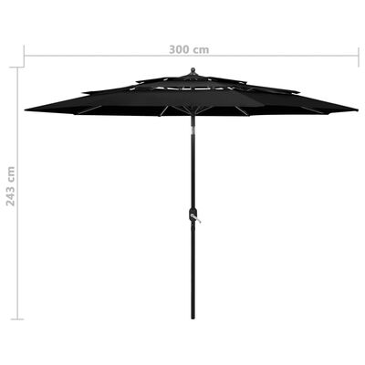 vidaXL Parasol de jardin à 3 niveaux avec mât en aluminium noir 3 m