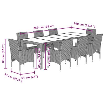 vidaXL Ensemble à manger de jardin et coussins 9 pcs gris rotin verre