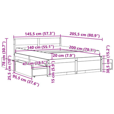 vidaXL Lit avec tiroirs/matelas cire marron 140x200 cm bois massif pin